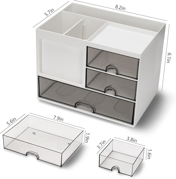 QIYVLOS Desk Organizer with 3 Drawer, Multi-Functional Pencil Pen Holder for Desk, Desk Organizers and Storage with 8 Compartments, Desktop Organizer for Office Home Art Supplies (White)