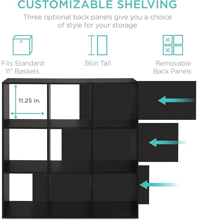 Best Choice Products 9-Cube Storage Organizer, 11in Shelf Opening, Bookcase, Display Shelf, Customizable w/ 3 Removable Back Panels - Black