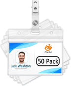 ZHEGUI ID Badge Holder with Clip Clear Plastic Name Tag Holders Horizontal Ziplock Waterproof PVC ID Card Holder with Clip Straps(50 Pack, Horizontal 2.3X3.5)