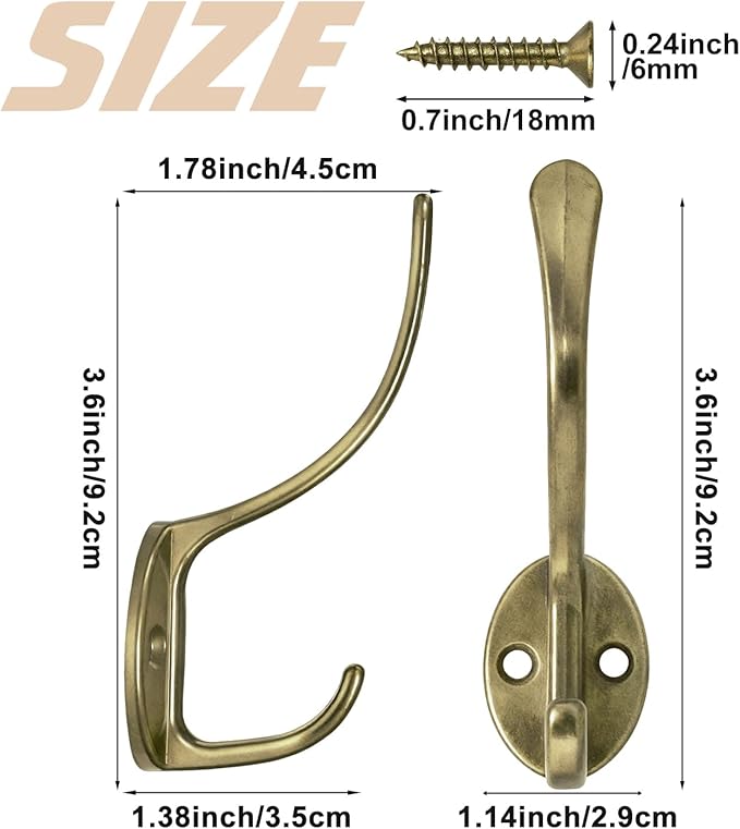 Homanu 14 Pack Coat Hooks Wall Mounted with 28 Screws, Heavy Duty Antique Brass Towel Hooks Metal Double Hooks, No Rust Retro Rustic Wall Hooks for Hanging Towel, Coat, Scarf, Bag, Hat, Cup, Key