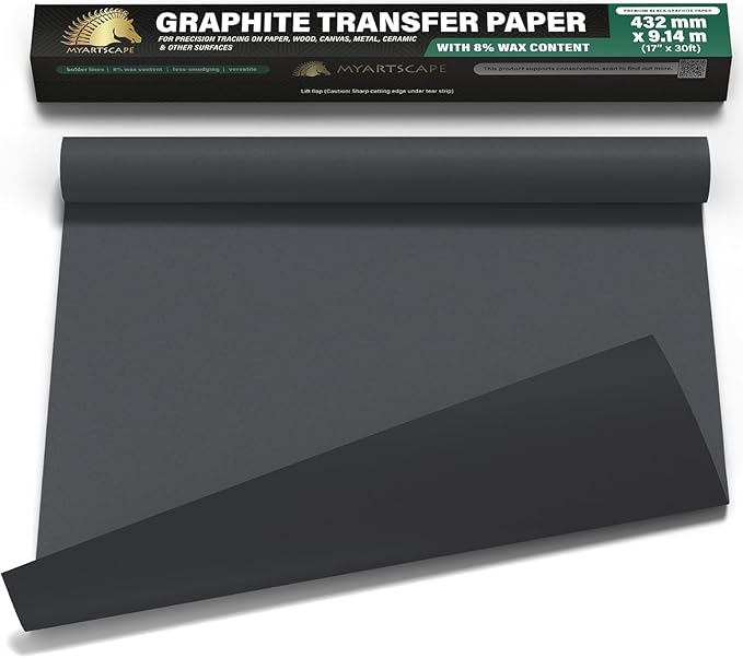 MyArtscape Graphite Transfer Paper Roll 17" x 30ft – Black Carbon Wax Paper for Precise Drawing & Tracing
