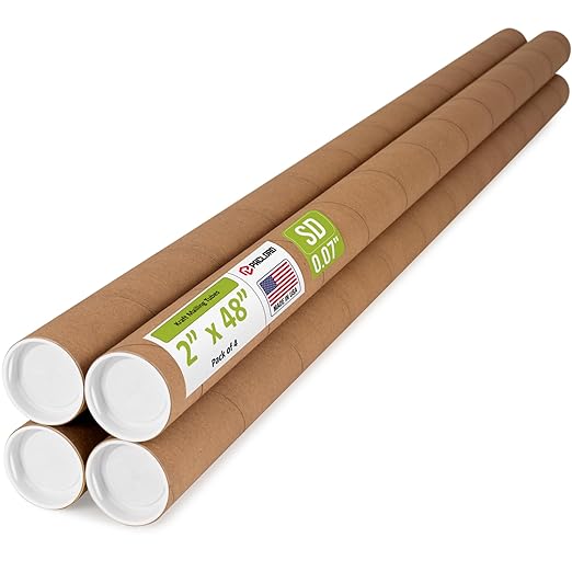 Paclord 2" x 48" Reinforced Kraft Paper Mailing Tube, Pack of 4 Tubes with 8 Caps – Secure USPS Approved Poster Tube – Cardboard Tube for Shipping and Storing Posters, Prints, Artwork, or Documents