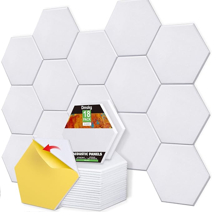 18 Pack Self-adhesive Acoustic Panels Soundproof Wall Panels 12"X10"X 0.4" Sound Absorbing Panel for Decoration Sound Deadening Panels Acoustic Treatment Panel For Home Office（White Hexagonal Design）