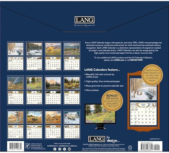 Lang Four Seasons 2026 Wall Calendar – 12-Month Calendar with Stapled Binding, Linen-Embossed Seasonal Landscape Artwork by Lee Stroncek, 13.4" × 12"