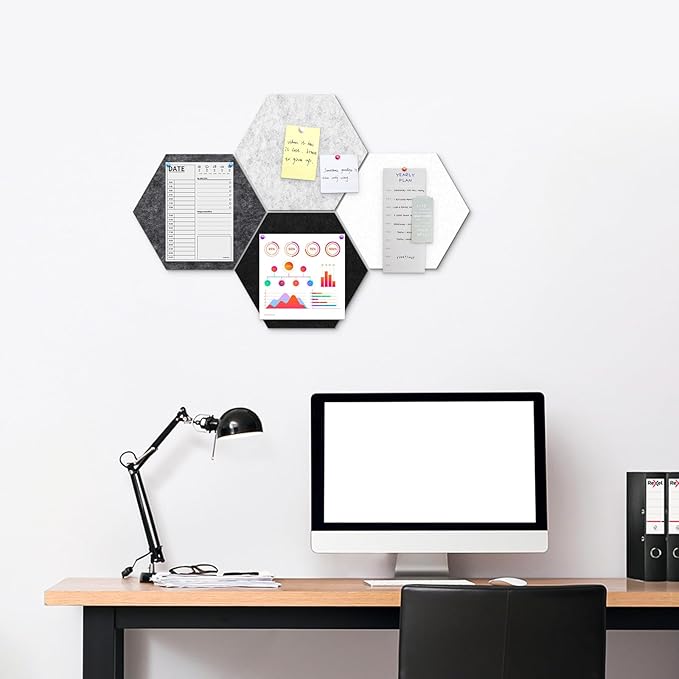 Uoisaiko 12" Large Bulletin Board with 15 Push Pins, Pack of 4 Hexagon Felt Pin Board Notice Boards for Home Office, Felt Wall Tiles for Photos Memos (Black Grey)