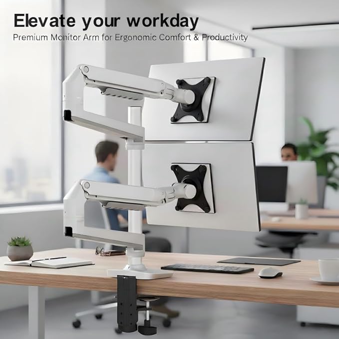 Ergounion Premium Dual Monitor Stand for Desk, High-Grade Aluminum Stacked Monitor Arm with Heavy-Duty Mechanical Spring, Adjustable Vertical Double Monitor Mount for 13-40 inch Screens, White