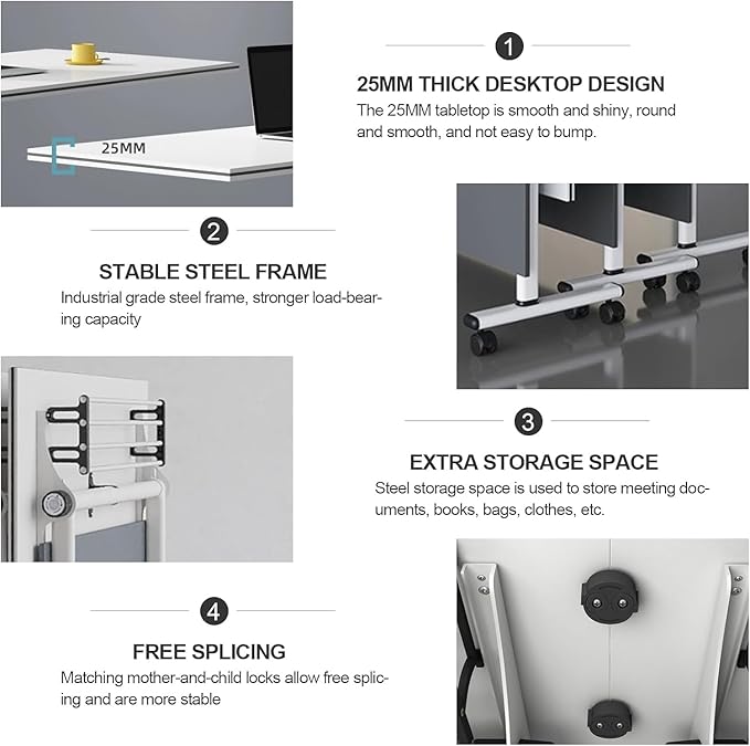 Conference Table,Folding Office Conference Room Tables On Wheels,Flip Top Mobile Folding Conference Table with White Tabletop Conference (2Pack160*60 * 75cm)