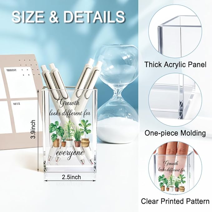 QYUVK Growth Looks Different for Everyone Acrylic Cosmetic Pencil Holder Cup, Funny Plant Pen Holder for Women Teacher, Home Office Classroom Desk Accessories, Inspirational Gifts for Coworker Friend