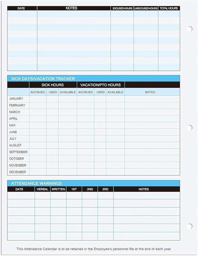 2026 Attendance Calendar Work Tracker Attendance Calendar Cards - 8.5 X 11 Cardstock/Pack of 25 Sheets