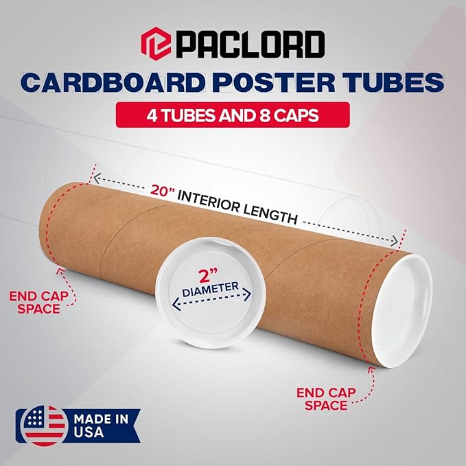 2" x 20" Reinforced Kraft Paper Mailing Tubes, Pack of 4 Tubes with 2 Caps Each – USPS Approved Poster Tube – Made in USA Cardboard Tube for Shipping and Storing Posters, Prints, Artwork, or Documents