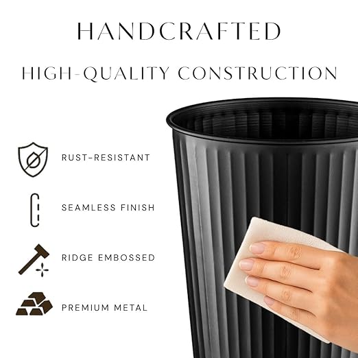 Monarch Abode Metal Bathroom Trash Can – Waste Basket for Bedroom, Office Desk, & Dorm, Handcrafted Ridge Embossed, Durable Decorative Black Small Trash Can Bathroom Garbage Bin Wastebasket