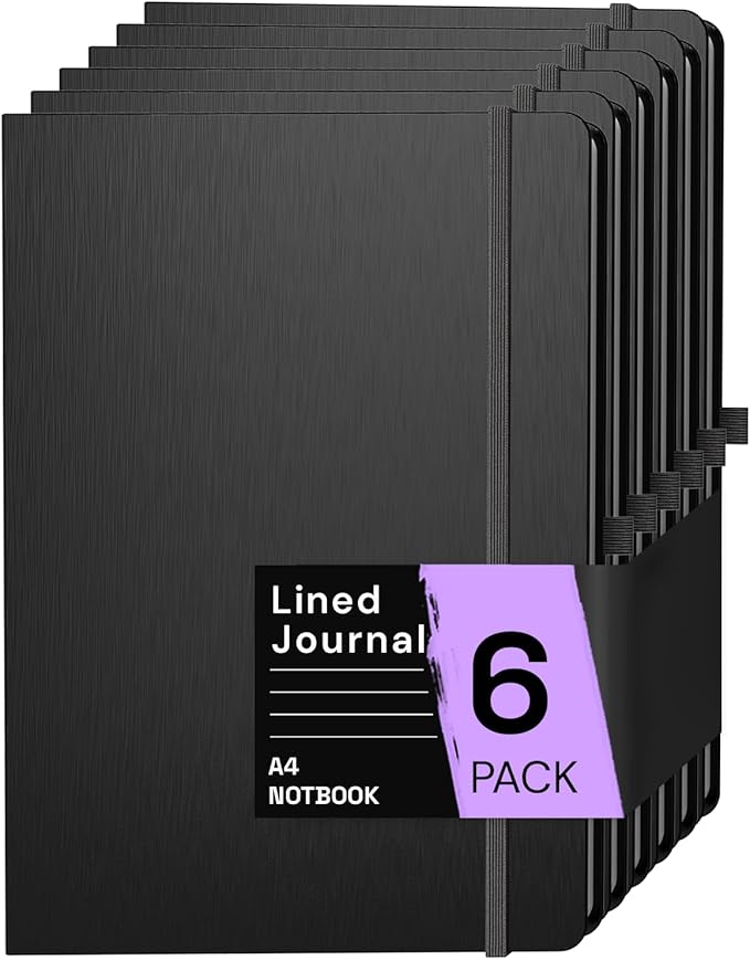 ONAVIA A4 Lined Journal Notebook, 8mm Ruled Notepad, Journaling for Writing, Work, School, Travel and Note Taking, Hardcover 160 Pages (80 Sheets) 8.27 x 11.6 inches (6 Pack Black)