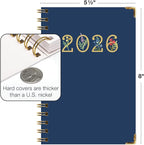 HARDCOVER 2026 Planner, 5.5"x8": 14 Months (November 2025 - December 2026), Daily Weekly Monthly Planner, Yearly Agenda, Bookmark, Pocket Folder and Sticky Note Set (Navy Gold Numbers)