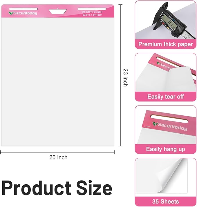 Securitoday Sticky Easel Pad - 20 x 23 Inches Flip Chart Paper for Teachers, Super Sticking Power & Bleed-Resistant - Self-Stick Easel Paper for Office, School, Classroom Supplies, 35 Sheets/Pad, 3 Pads/Pack