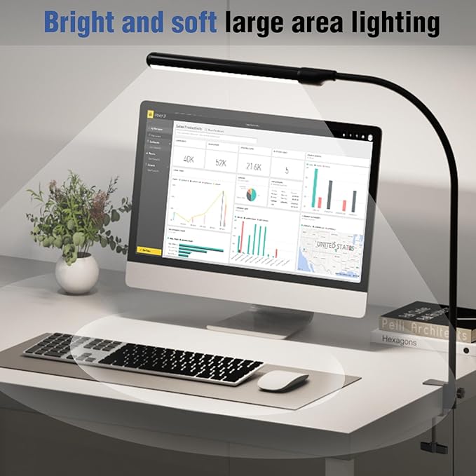 Hand-Wave LED Desk Lamp with Clamp, Touchless On/Off, Color Temperature Adjustable 3000K-6500K, Flicker-Free Eye-Caring Reading Light, Clip-On Desk Light for Home Office/Study/Monitor/Desk (110V)