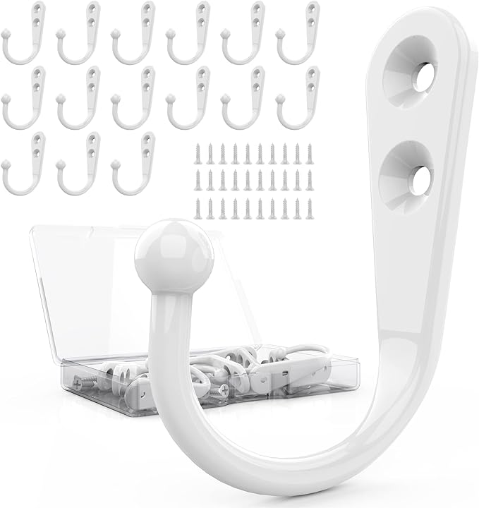 ZAYBOD 15-Pack Coat Hooks with 30 Screws | Heavy Duty Wall Mounted Hooks for Robe, Backpack, Keys & Entryway Storage | Multi-Use Hanging Hardware (White)