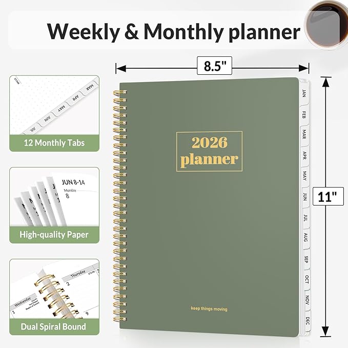 SUNEE 2026 Planner, Weekly and Monthly Calendar Planner, January 2026-December 2026, Daily Agenda with Tabs, Note Pages, Spiral Binding, 8.5"x11", Sage Green