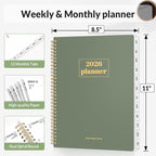 SUNEE 2026 Planner, Weekly and Monthly Calendar Planner, January 2026-December 2026, Daily Agenda with Tabs, Note Pages, Spiral Binding, 8.5"x11", Sage Green