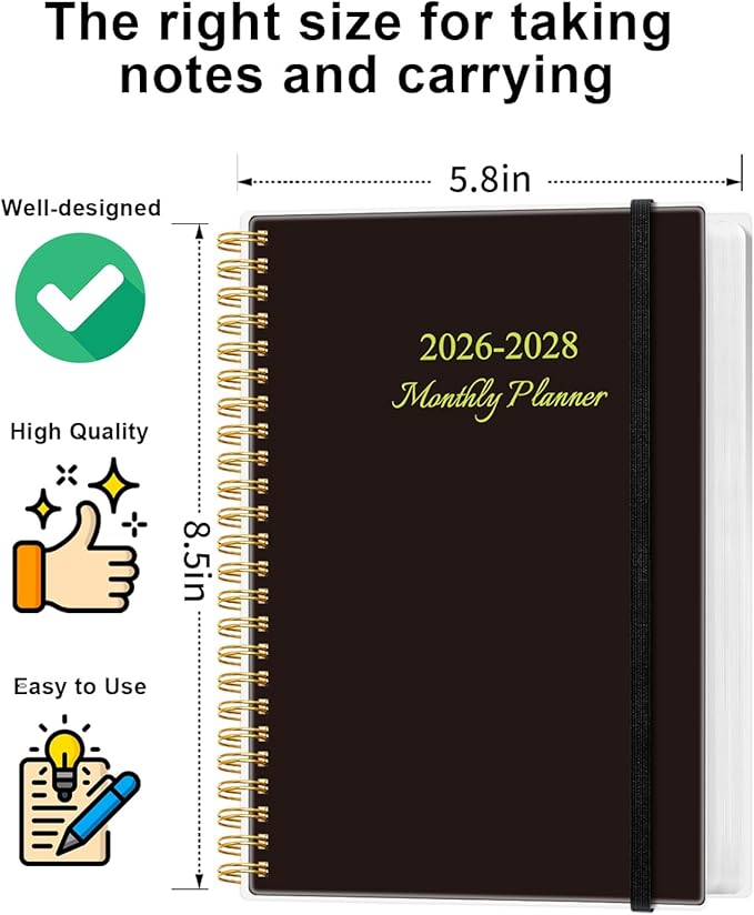 2026-2028 Monthly Planner, Three Years Calendar from January 2026 - December 2028 with Spiral Binding, Inner Pocket, Elastic Closure, 38 Month Planner for Home | School | Office, 5.8" x 8.5", Black