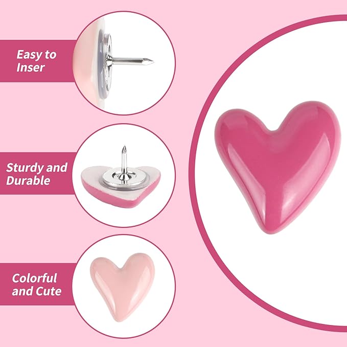 30pcs Heart Push Pins, Decorative Push Pin Pink Cute for Bulletin Fun Push Pins Thumb Tacks Decorative for Photo Wall, Feature Wall,Map, Bulletin Board, Office or Home