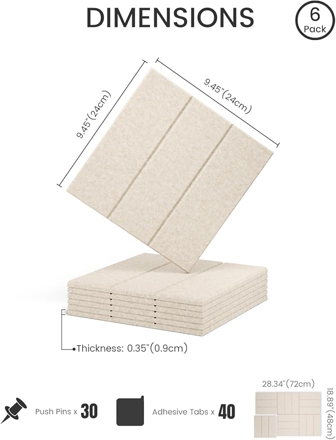 Fluxynara Felt Bulletin Board Tiles -28"x18" with 40 Adhesive Tabs, Cork Board Alternative for Office Decor, Push Pin Board Wall Organizer 6-Pack (Oatmeal)