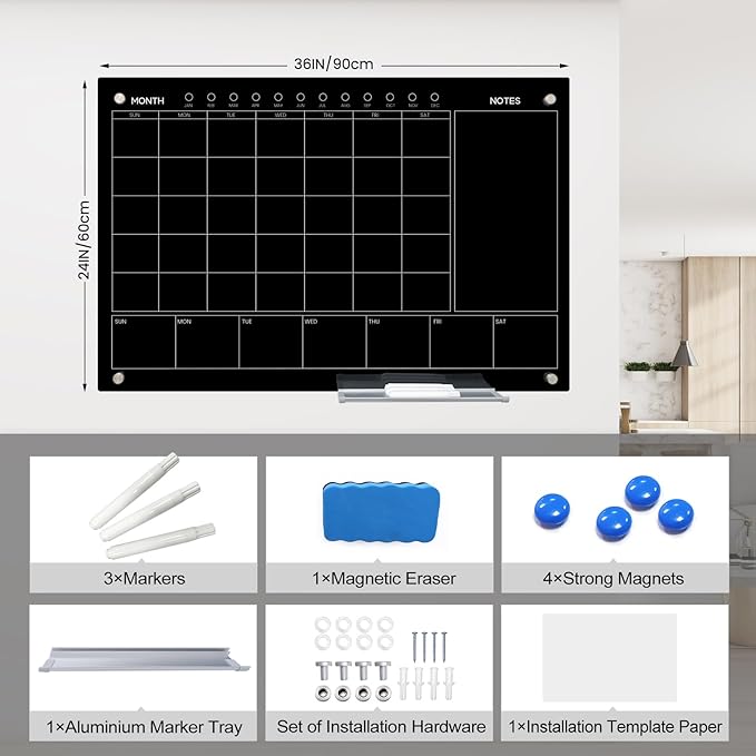 JYYPWB Magnetic Glass Whiteboard 36X24 Monthly Planner Calendar Dry Erase Board for Home, School, Office, Frameless, with Markers, Marker Tray, Eraser, Magnets (Black)