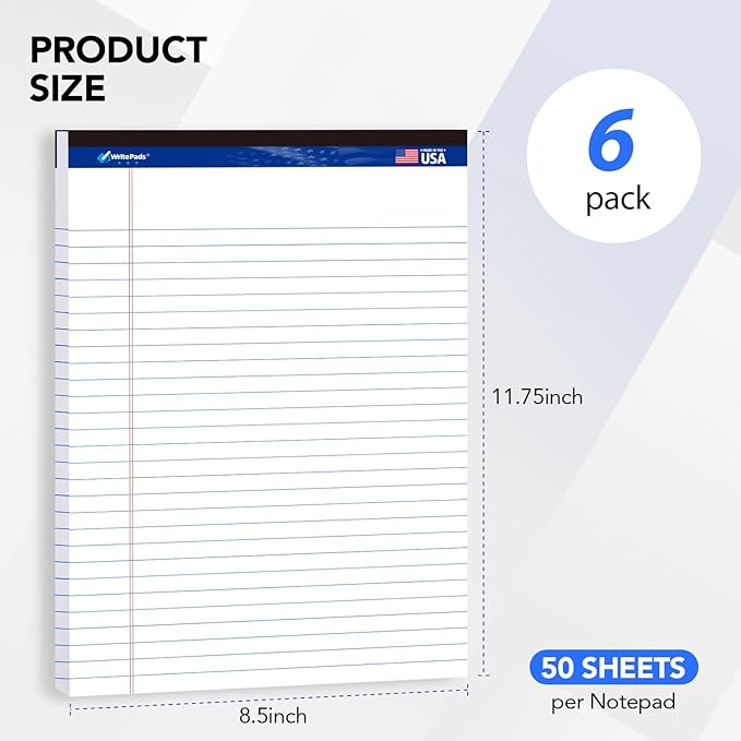 WritePads Legal Pad 8.5 x 11 Note Pad, Wide Ruled Writing Pad, White Paper, 6-Pack, 50 Sheets Per Pad, Micro-Perforated Notepad, Office Supplies (KSU-8331) - Made in the USA