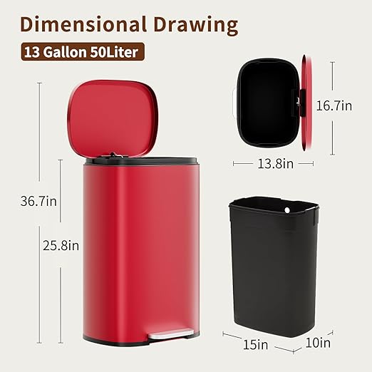PayLessHere Stainless Steel Trash Can with Lid - Removable Inner Bucket, Foot Pedal, Soft Close for Office, Home, Kitchen (Red, 13 G)