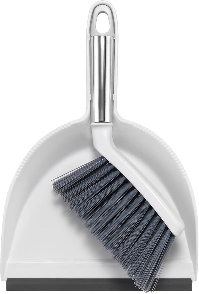 NACENA Mini Broom and Dustpan Set, Small Dust Pan and Brush Set with Handle Dustpan Teeth for Cleaning Hair Suitable for Office Desks Drawers Sofas Outdoor Camping, White & Gray