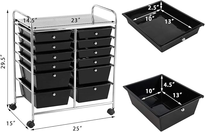 LDAILY 12 Drawer Rolling Storage Cart, Craft Cart Organizer on Wheels w/Metal Frame, Large Capacity & Smooth Drawer, Rolling Cart w/Drawers for Classroom, Office