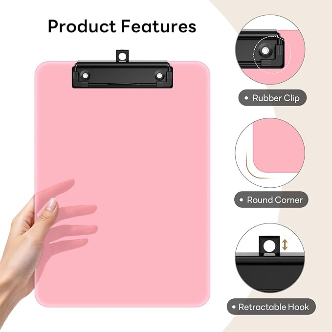 Zoenley A4 Plastic Clipboard Set of 12, Pink 12.5 x 9 Letter Size for Classroom, Students, Teacher, Nurse, A4 Clear 8.5 x 11 Clip Board with Low Profile Black Clip, Office & School Supplies