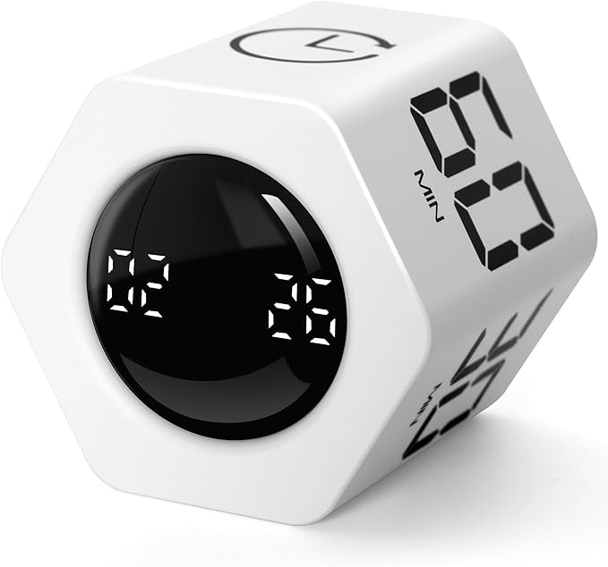 Exlliy Productivity Timer 1, 5, 10, 30, 60 Minutes Preset, Desk Cube Timer with Gravity Sensor/Mute/Vibration for ADHD, Work, Study, Kitchen, Back to School (1, White)
