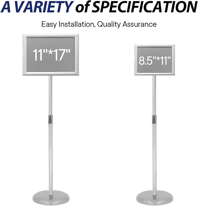 SENZHIYI Adjustable Poster Stand Holder Heavy Duty Snap Open Aluminum Pedestal Floor Standing Sign Holder Vertical and Horizontal View Sign Displayed, 11x17 Silver（2pack