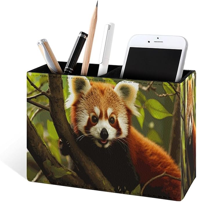 Famame Red Panda Pencil Holder for Desk, Leather Desktop Container Pen Cup Storage Study Table Pen Organizer Makeup Brush Holder for Classroom Office Home