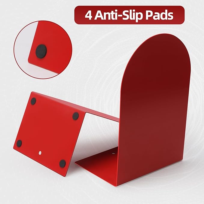 Lulonpon 8 Pieces Book Ends, Bookends, Books Stand, Metal Bookend for Shelves, Red Book Ends for School, Library, Desktop Organizer