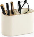 MEIBOOCH PU Leather Pen Holder for Desk, Small Remote Control Holder Pencil Cup Multifunctional Desktop Organizer Caddy for Home School Office Desk Accessories - 2 Compartments (Beige)