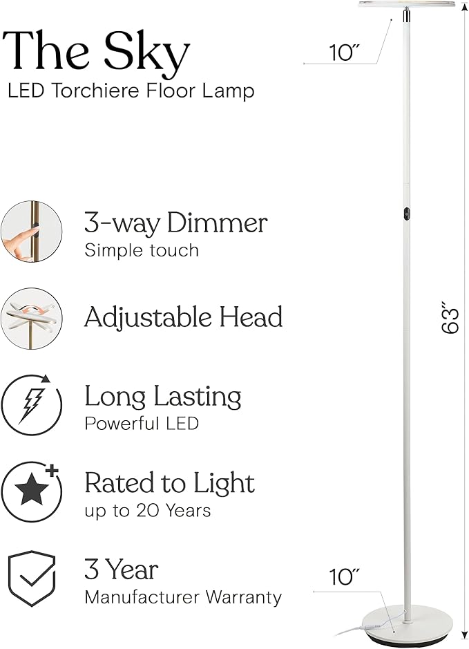 Brightech Sky LED Floor lamp, Torchiere Super Bright Floor Lamp for Living Room Decor & Office - Dimmable, Tall Standing Lamp with Warm Light for Bedroom & Reading - White