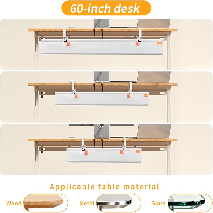 SUREUP9 No Drill Under Desk Cable Management Tray, 36" Cord Organizer with Clamp, Fabric Cable Management for Standing Desks, Ideal for Home & Office - White