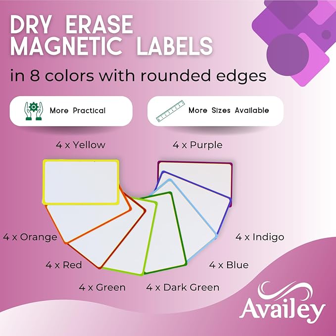 Availey 32 Pieces (3 x 5) - Colored Border Magnetic Dry Erase Labels - Reusable Strips for Classroom Home Office Garage Refrigerator Blank Writable Erasable Cards Name Tags Students Locker Shelf