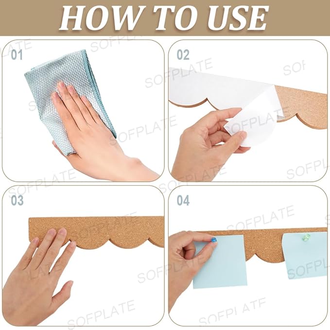 SOFPLATE 4Pcs Bulletin Bar Strip Cork Board Strips 14.6 x 2 Inch Self Adhesive Scalloped Frameless Cork Pin Notice Board for Classroom Office Home Cubicle Wall Decoration Hanging Photos Note Schedules