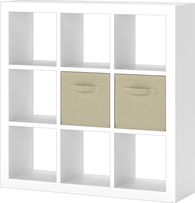 Bookshelf with Storage Bins, 9-Cube Storage Organizer Sturdy Wooden Bookcase Open Book Shelf, Multifunctional Cubicle Rack for Storages & Display, Furniture for Living Room Bedroom Office, White