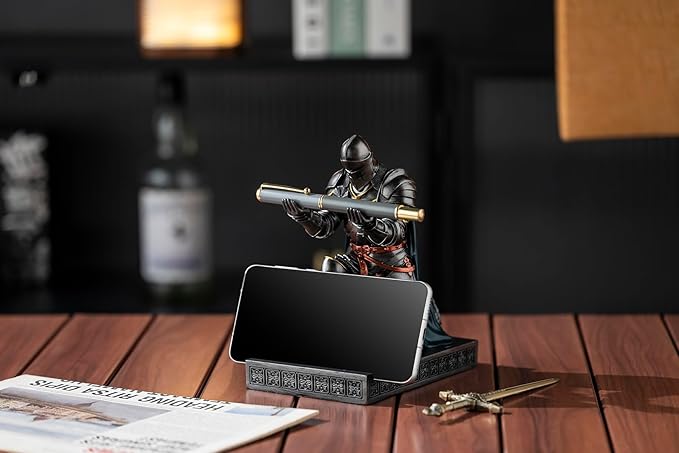 Amoysanli Medieval Armored Warrior Wearing Outerwear, Mobile Phone Stand Knight Pen Holder Desk Organizers, Resin Bookends Paperweight with a Letter Opener for Desk (Iron&Green)