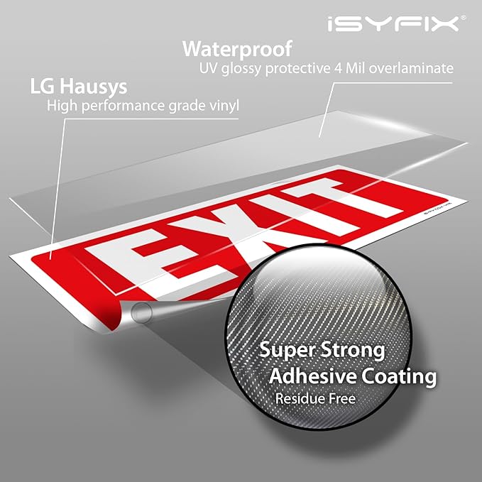 iSYFIX Exit Signs Stickers – 12 Pack 12x4 Inch – Premium Self-Adhesive Vinyl, Laminated for Ultimate UV, Weather, Scratch, Water and Fade Resistance, Indoor and Outdoor