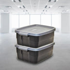 Rubbermaid 6-Pack Totes for Storage with Lids, Heavy Duty Plastic Storage Bins with Lids, Black Gray, 10 GAL - Stackable for Garage, Attic, Camping (10 GAL - 6 Pack Solid Black and Grey)