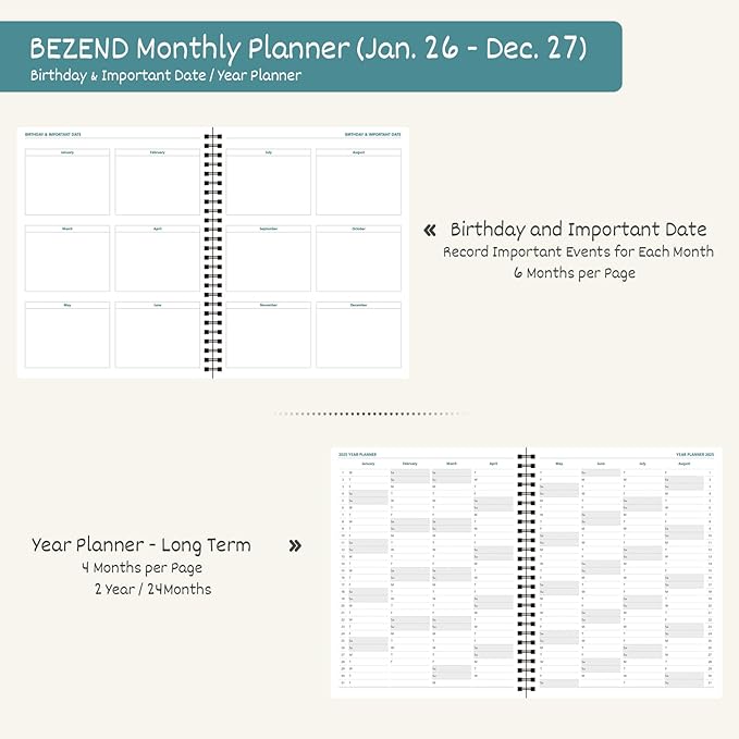 BEZEND Monthly Planner 2026-2027 (Spiral-7" x 9") 2 Year Calendar Book with Note Pages - Jan 26 to Dec 27-120 GSM Paper, Inner Pockets, Laminated Tabs, Vegan Leather Softcover - Lavender