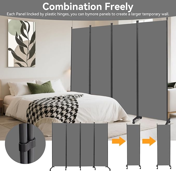 Room Divider (4 Panel) Wall Divider for Room Separation, 88 inch Wide Portable Privacy Screens W/Wheels, Metal Frame Freestanding Room Separators 5.6FT Room Partitions and Dividers