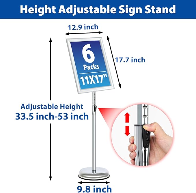 VAIIGO 6Packs Floor Standing Sign Holder Stands for Display 11x17Inch Pedestal Poster Sign Stand, Adjustable Sign Holder Stand for Vertical & Horizontal View Sign Display Stand, Silver