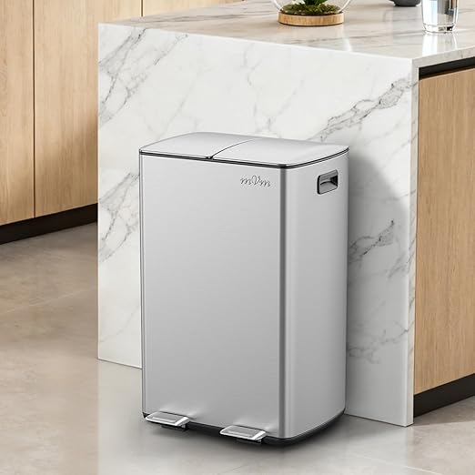 mVm Kitchen Trash Can,2x8 Gallon (2x30 L) Dual Compartment Garbage can Recycle Bin Combo with Foot-Pedal,Anti-Fingerprint,Soft-Close,Brushed Stainless Steel Trash can for Kitchen, Living Room(Silver)