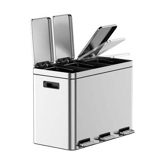 OUTLANE 45L Triple Compartment Stainless Steel Recycling Bin, Step Pedal, Soft Close Lid, Removable Liners, Smudge Resistant, Kitchen/Office Waste Sorter, 37.6x63x46.8cm