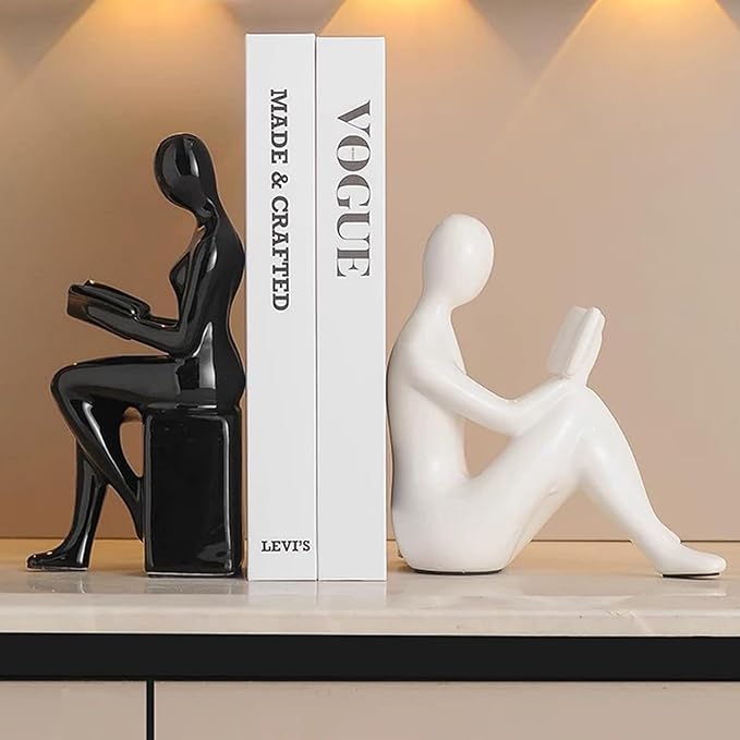 TYGKROF Decorative Bookends,Ceramic Statue Book Ends,Home Office Modern Bookends,Decor Aesthetic Reading Book Holders for Bookshelf,Bedroom Living Room Decoration Unique Bookends(Black and White)